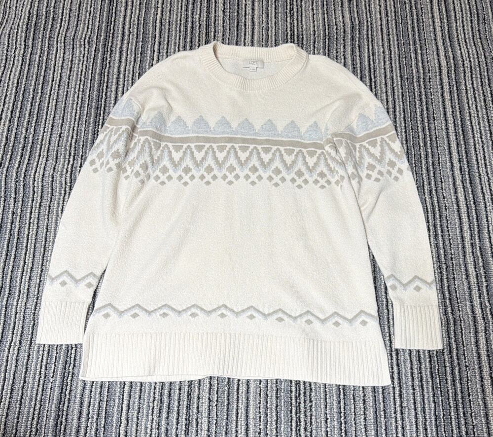LOFT Fair Isle Knit Super Soft Sweater Blue Cream Sz.M Stretch